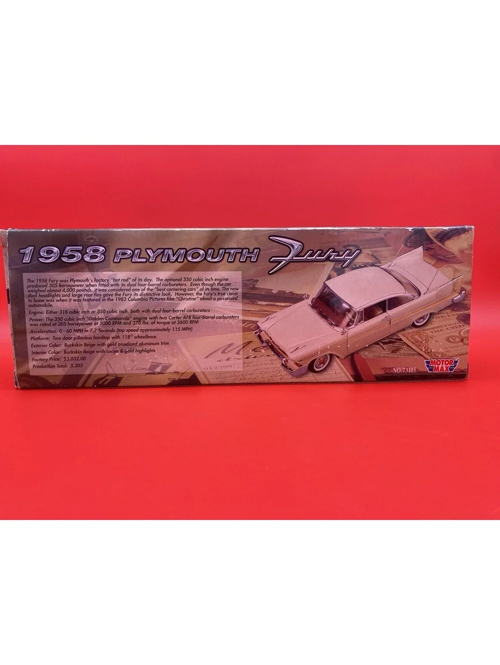 1958 Plymouth Fury Black 1/18 Scale Diecast Model Car - New - 2002 Motor Max NOS